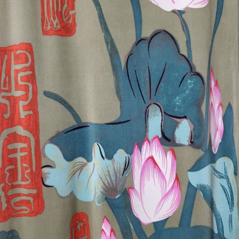 Illig Vintage 100% Silk Midi Dress Size M Y2K Asian Lotus Print Kanji Womens - Picture 5 of 11